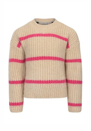 Beige gebreide trui met roze horizontale strepen, ronde hals en geribde manchetten en onderrand. Zachte textuur met een ruime pasvorm.