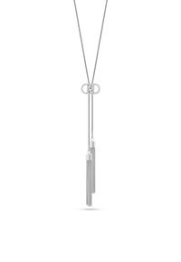 Collier en argent avec un fermoir ovale central orné d'un accent semblable à un diamant et deux pampilles en chaîne en cascade. Design élégant et moderne.