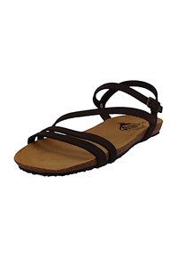 Sandalias de cuero marrón con múltiples correas entrecruzadas, una plantilla de corcho plana y una suela de goma texturizada. Cierre ajustable con hebilla.