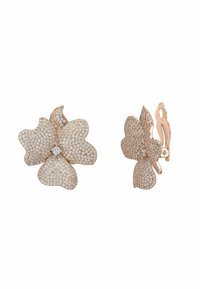 Rose gold flower-shaped earrings adorned with small clear crystals, featuring a clip-on fastening visible on one earring.