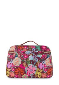 Tasje van stof met een bloemenpatroon op een kastanjebruine achtergrond, met een rits aan de bovenkant en een beige draaghengsel. Het heeft verschillende kleurrijke bloemen en groene accenten.