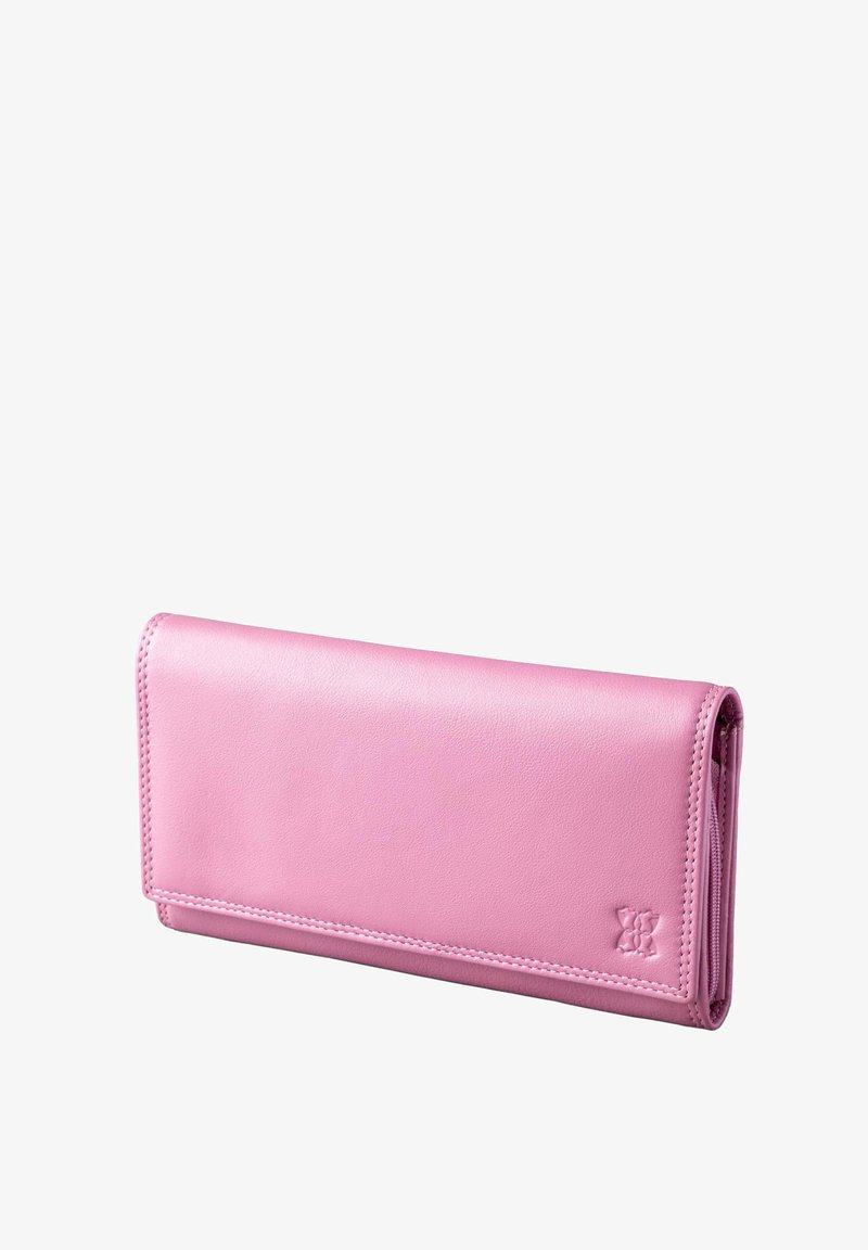Pink leather wallet featuring a smooth texture, fold-over design, and a stitched finish with a small embossed logo detail on the corner.