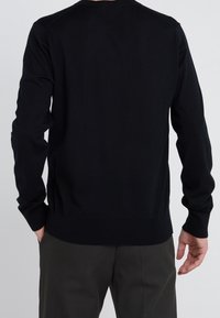 Maglione nero lavorato a maglia con maniche lunghe, scollatura tonda e polsini a coste. Presenta una texture liscia e un design semplice e senza ornamenti.