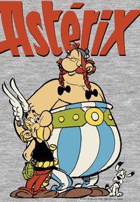 Postacie z komiksu Asteriksa na szarym tle: Asteriks z hełmem z skrzydłami oraz Obeliks, ubrany w pasiastą niebiesko-białą tunikę z paskiem.