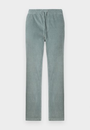 Light blue corduroy pants with an elastic waistband and adjustable drawstring. Features straight legs and a soft, textured surface.