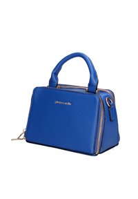 Borsa a mano blu in pelle con forma strutturata, dettagli in metallo dorato, manici doppi e marchio sul davanti. Finitura superficiale texture.
