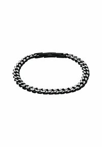 Braccialetto in catena nera e argento con anelli piatti e tondeggianti alternati, caratterizzato da una finitura liscia e elegante e da una chiusura sicura.