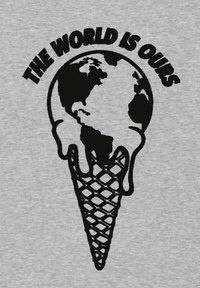 Zwarte grafiek van een smeltende wereldbol boven een kegel, met de tekst "DE WERELD IS VAN ONS" op een grijze achtergrond. Korte, gedurfde lijnen en een eenvoudig ontwerp.