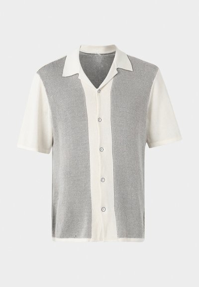 Short-sleeve button-up shirt in a knit fabric, featuring light gray and cream vertical stripes and a classic collar design.