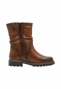 Braune Leder-Ankle-Boots mit einem lässigen Schaft, seitlichem Reißverschluss und robustem Sohle. Mit dekorativen Nähten und einer glatten Textur.