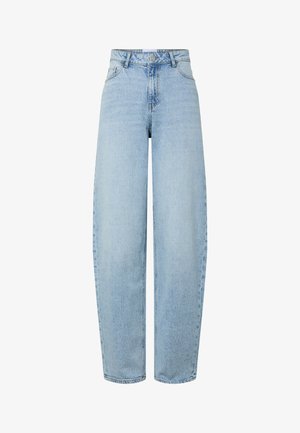 Helerohelised kõrge vöökohaga lahtise lõikega teksad, valmistatud teksast. Omadusteks on sirged sääred, viis taskut ja nööpidega sulgur.