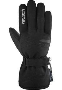 Schwarze isolierte Handschuhe aus Softshell-Material. Verfügt über einen verstellbaren Handgelenkriemen und strukturierte Details entlang der Finger. Markenlogo sichtbar.