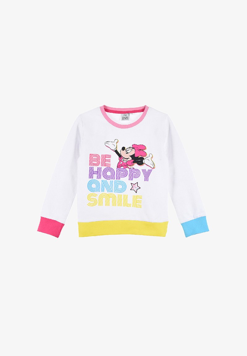 Sudadera blanca para niños con puños rosa, azul y amarillo, que presenta a Minnie Mouse y el texto "Sé feliz y sonríe" en letras coloridas.