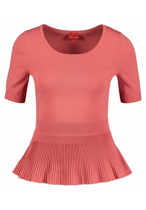 Lyhythihainen paita korallinvärisenä, jossa vartalonmyötäinen yläosa ja laskostettu peplumhelma. Valmistettu joustavasta materiaalista mukavan istuvuuden takaamiseksi.