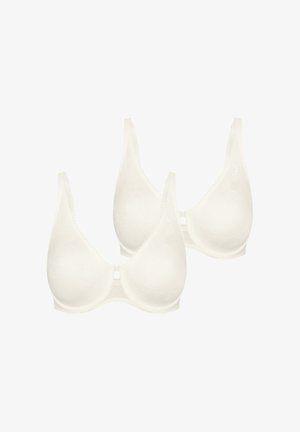 Twee witte stoffen beha's met een bloemenpatroon, een gladde textuur, verstelbare bandjes en een sleutelgatdetail aan de voorkant, met kantaccenten.