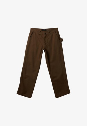 Brown cotton trousers with a straight fit, featuring side pockets, a belt loop, and a smooth texture. No visible patterns or accents.