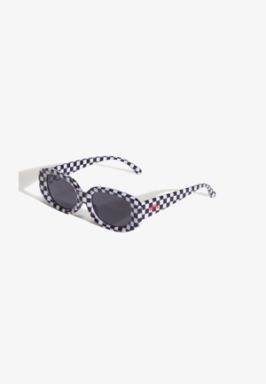 Checkered sunglasses with a bold black and white pattern, rectangular frames, and dark lenses. Features brand logo on the side.