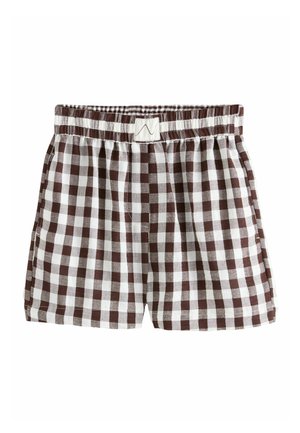 Brown and white checkered elastic waist boxer shorts with a small rectangular logo patch on the waistband front center.