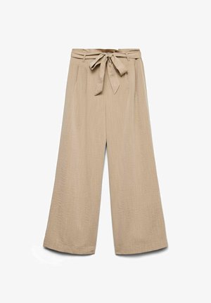 Beiga vida byxor med en texturerad yta, som har ett knytbälte i midjan och två sidofickor. Slät tyg med en avslappnad passform.