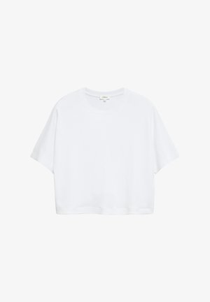 T-shirt court blanc uni à manches courtes avec col rond et étiquette de marque visible à l'intérieur du col sur fond blanc.