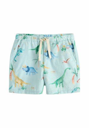 Lyseblå børneshorts med snøre i taljen og flerfarvede dinosaur- og planteprints, to forlommer.