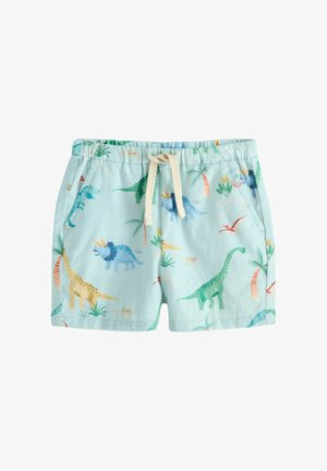 Svjetloplave dječje hlače kratke s vezicom u struku i višebojnim printom dinosaura i biljaka, dva prednja džepa.