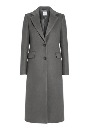 Grijze wollen jas met een lange silhouet, verzonken revers, eenknopsluiting, twee voorzakken en een gladde textuur.