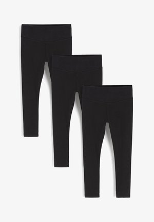 Tre paia di leggings neri con una texture liscia, fascia larga in vita, stile aderente e lunghezza uniforme; tutti presentano un design semplice.