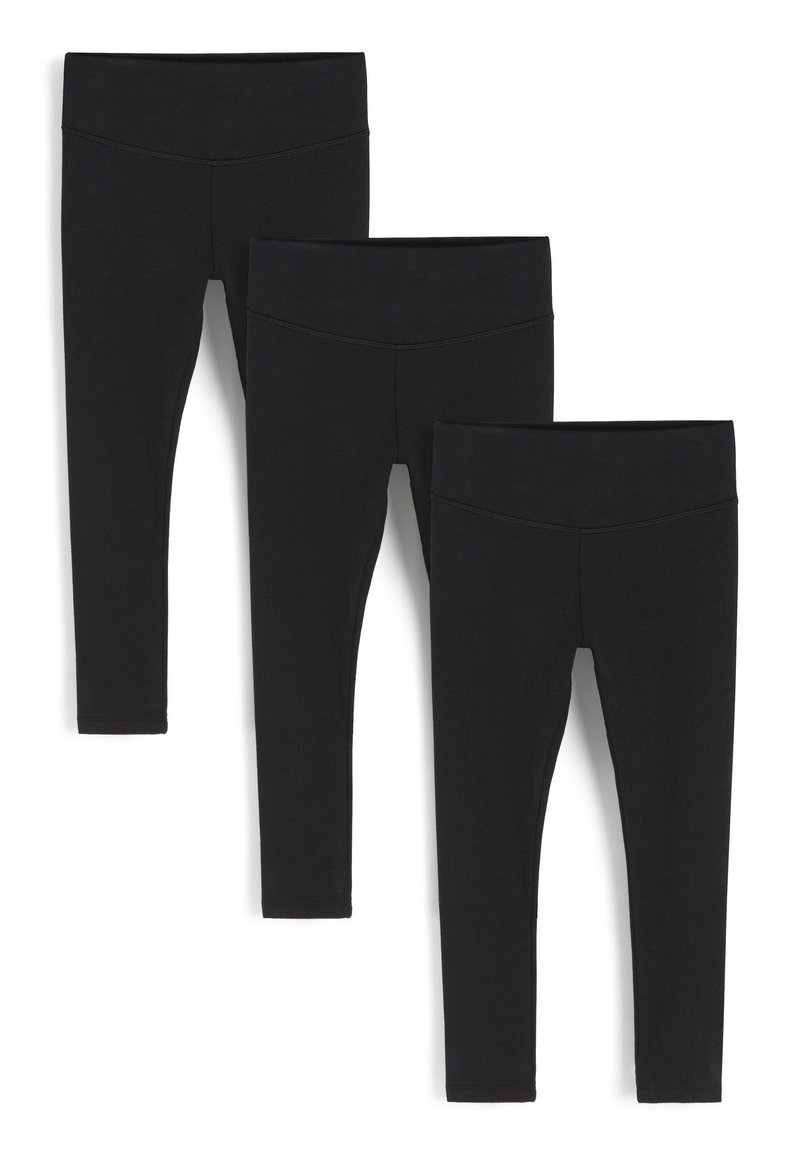 Drei Paar schwarze Leggings mit einer glatten Textur, breitem Bund, figurbetonter Passform und einheitlicher Länge; alle weisen ein schlichtes Design auf.