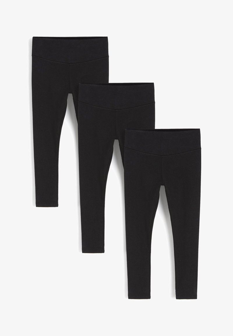 Drei Paar schwarze Leggings mit einer glatten Textur, breitem Bund, figurbetonter Passform und einheitlicher Länge; alle weisen ein schlichtes Design auf.