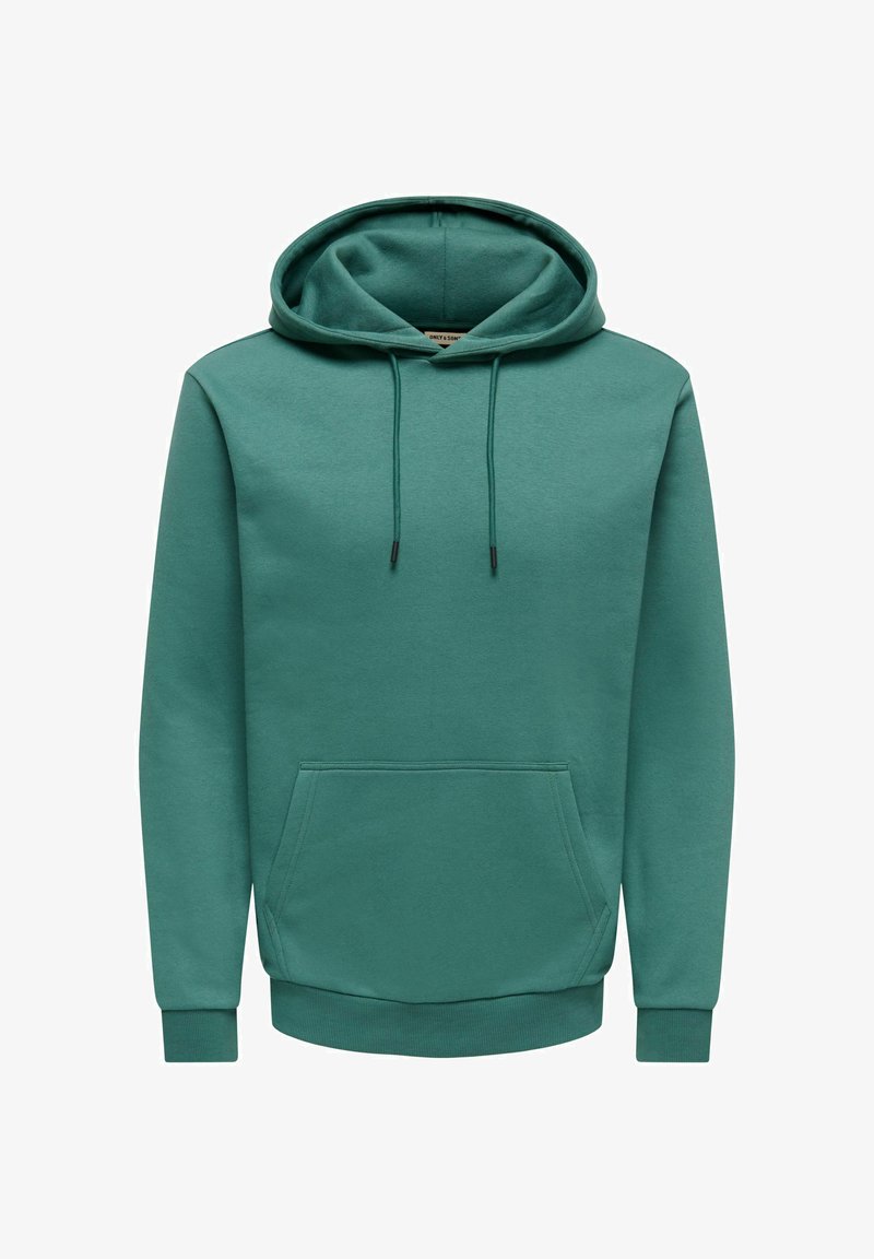 Petrolgroene pullover hoodie met voorzak in kangoeroestijl en capuchon met trekkoord, lange mouwen en geribbelde manchetten en zoom.