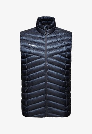 Marineblå puffer-vest med høj krave, præget af chevron-quiltedesign, frontlynlås og logo-detalje. Letvægtigt, isoleret stof.