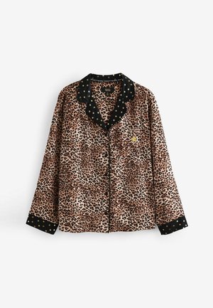 Pijama majica s leopard uzorkom s crnim ovratnikom i manžetama s uzorkom zvijezda. Ima duge rukave i džep na prsima. Mekana, glatka tkanina.