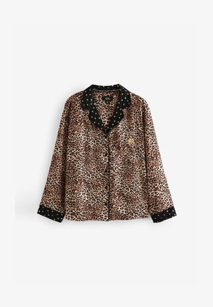 Leopárd mintás pizsama felső fekete csillagmintás gallérral és mandzsettákkal. Hosszú ujjú, mellzsebes. Puha, sima anyag.