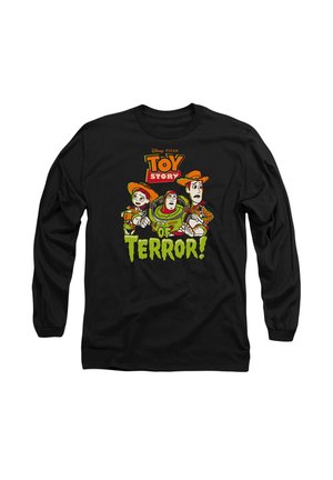 Black long-sleeve shirt featuring "Toy Story" characters in vibrant colors with the text "TOY STORY OF TERROR!" in green. Cotton fabric, relaxed fit.