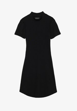 Black ribbed dress with a high neckline and short sleeves. Features a loose fit and flared hem for added movement.