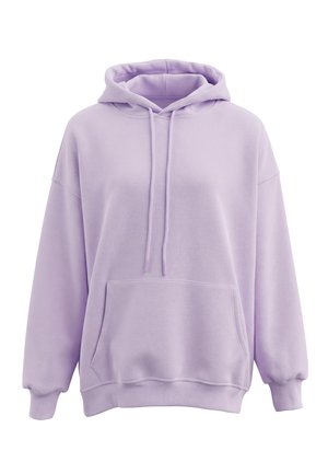 Lichtpaarse oversized hoodie met frontale kangoeroezak, trekkoord in de capuchon en geribbelde manchetten en zoom, weergegeven op een witte achtergrond.