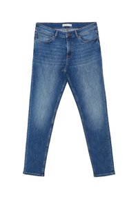Jeans in denim blu con un design slim fit, dotati di cinque tasche, chiusura con bottone e leggera scoloritura sulle cosce.
