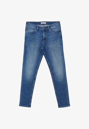 Blaue Denim-Jeans mit schlankem Schnitt, fünf Taschen, Knopfverschluss und subtilen Verfärbungen an den Oberschenkeln.