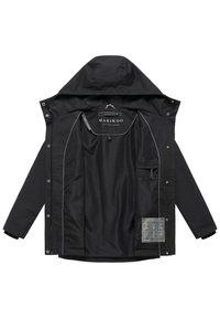 Veste à capuche noire ouverte pour montrer la doublure intérieure lisse, la poche poitrine avec fermeture éclair, les boutons-pression et l'étiquette de la marque "Marikoo" à l'intérieur du col.
