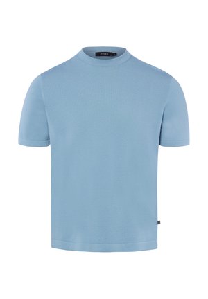 Hellblaues kurzärmeliges Rundhals-Strick-T-Shirt mit kleinem schwarzem Markenschild am Halsausschnitt und an der Seitennaht.