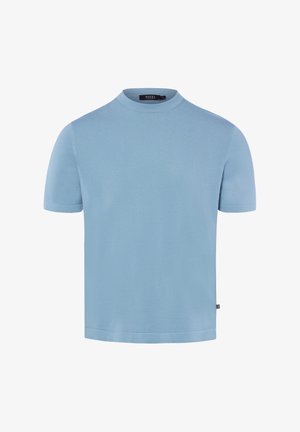 Hellblaues kurzärmeliges Rundhals-Strick-T-Shirt mit kleinem schwarzem Markenschild am Halsausschnitt und an der Seitennaht.