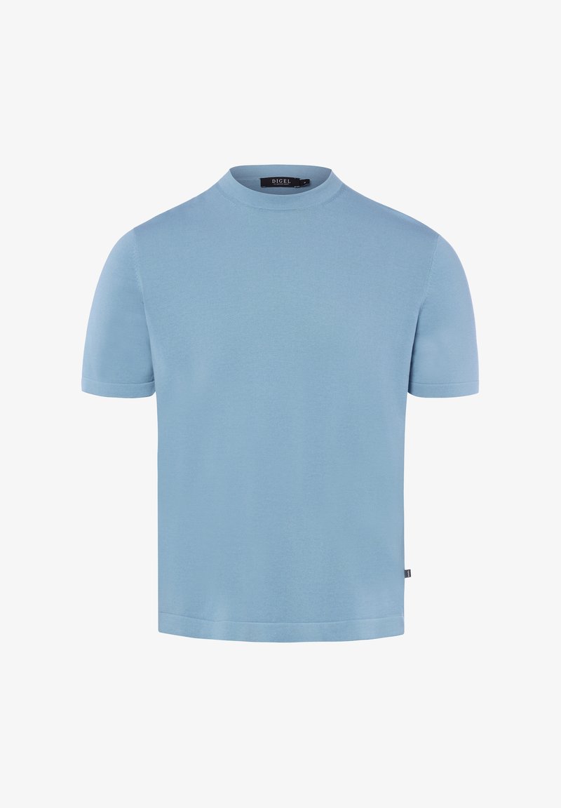 Hellblaues kurzärmeliges Rundhals-Strick-T-Shirt mit kleinem schwarzem Markenschild am Halsausschnitt und an der Seitennaht.