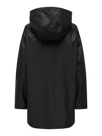 Imperméable noir à capuche, vu de dos, avec manches longues et ourlet droit.