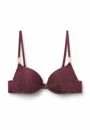 Lilla glitrende polstret bh med justerbare skulderstropper og lukning foran på hvid baggrund.