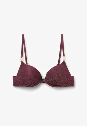 Lilla glitrende polstret bh med justerbare skulderstropper og lukning foran på hvid baggrund.