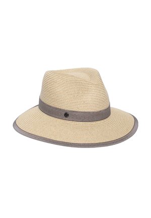 Beige woven fedora hat with a wide brim, gray band, and gray edge trim, featuring a small circular metal emblem on the band.