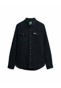 Donkerblauwe overhemd met lange mouwen van corduroy-stof, met een button-down kraag, twee borstzakken en bruine knopen. Merktag op de zak.