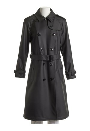 Trench-coat noir croisé avec ceinture, poignets boutonnés, épaulettes et poches latérales sur un mannequin blanc.