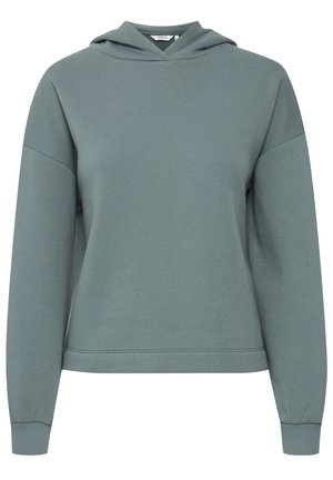 Mikina s kapucňou v tlmenej zelenej farbe, s dlhými rukávmi, vo voľnom strihu a rebrovanými manžetami. Hladká textúra s minimalistickým dizajnom.